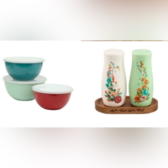 Pioneer Woman 3 bowl set with lids and salt/pepper - Picture 1 of 6